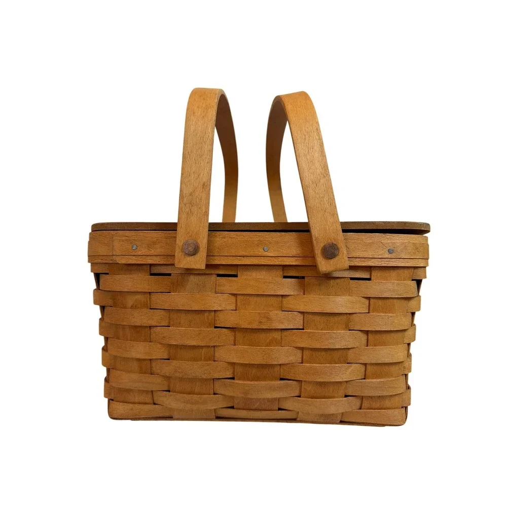 Longaberger 1994 Picnic Basket with Lid and Double Handles Woven Wood Vintage